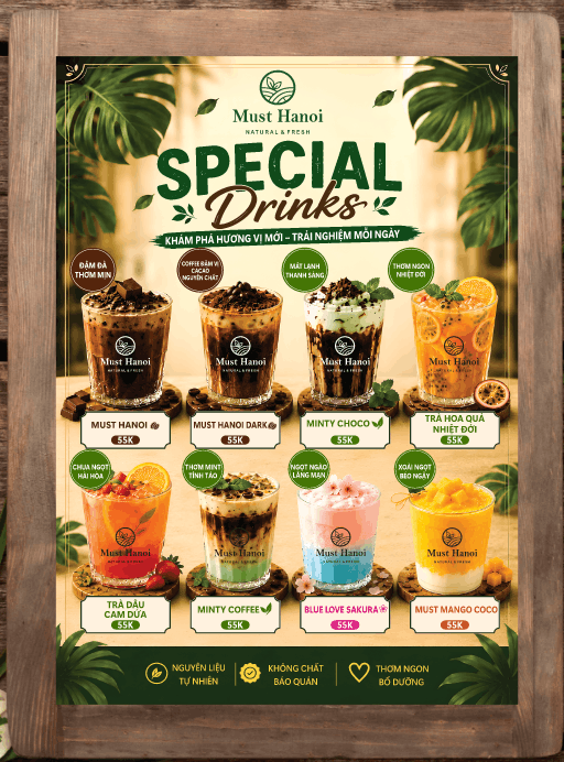 Menu/banner quảng cáo đồ uống cho quán