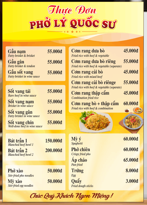 Menu Thực đơn Phở Lý Quốc Sư file corel