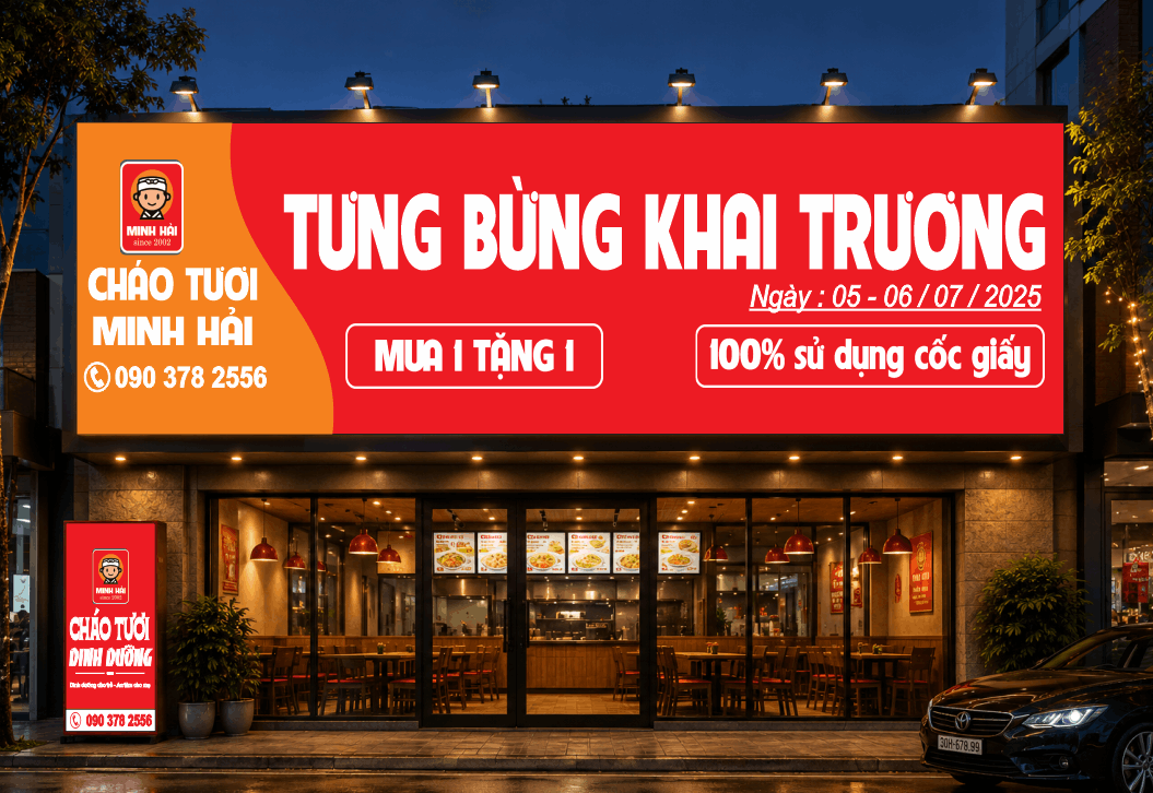 Biển QC khai trương cho quán Cháo Tươi Minh Hải