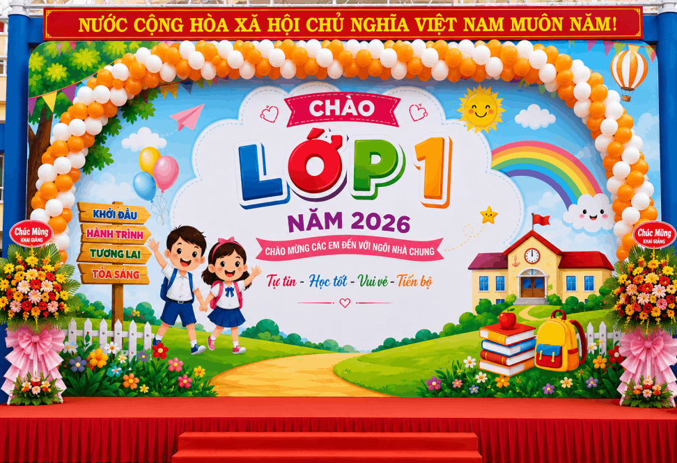 Backdrop “Chào đón học sinh lớp 1 năm 2026”