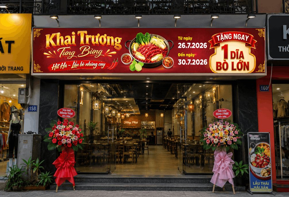 Băng rôn tưng bừng khai trương quán Lẩu bò file cdr