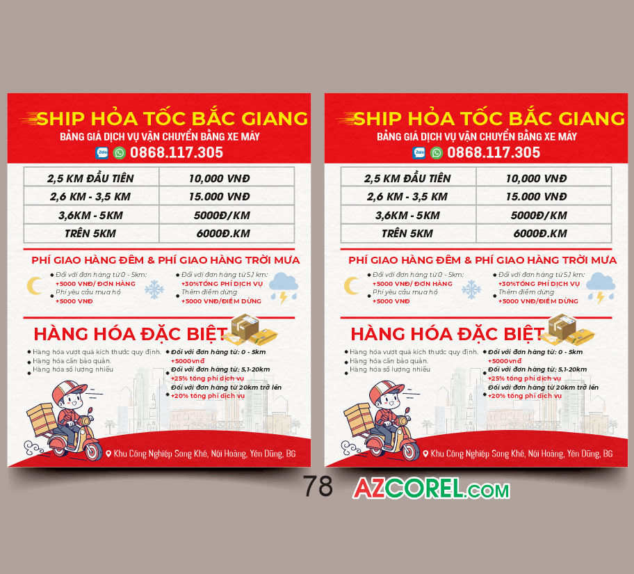 Bảng giá ship hỏa tốc Bắc Giang file Corel