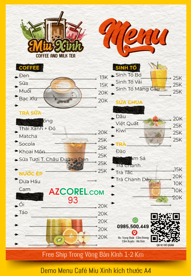 Menu Coffee and Milk Tea Miu Xinh file corel