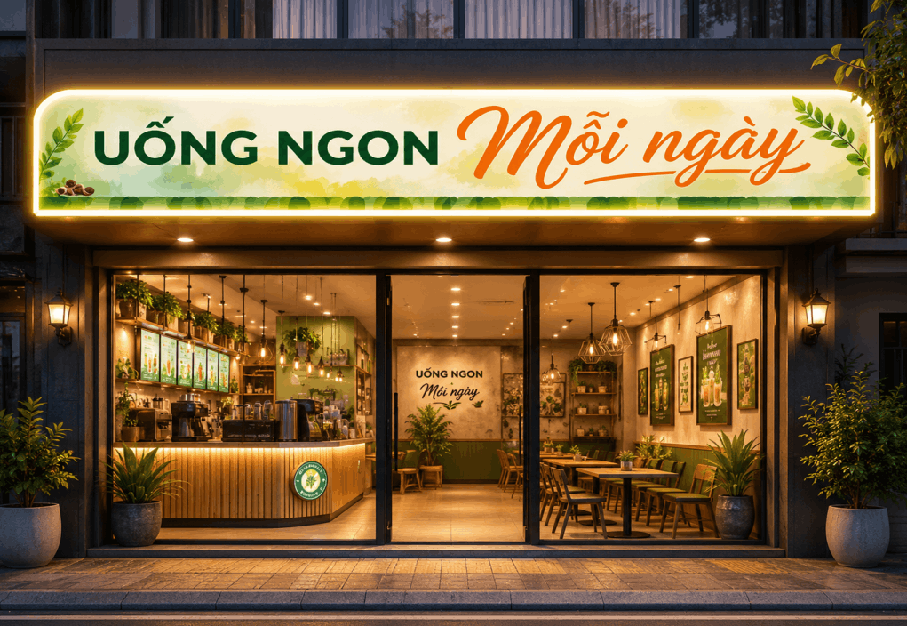 Quán đồ uống với biển qc uống ngon mỗi ngày