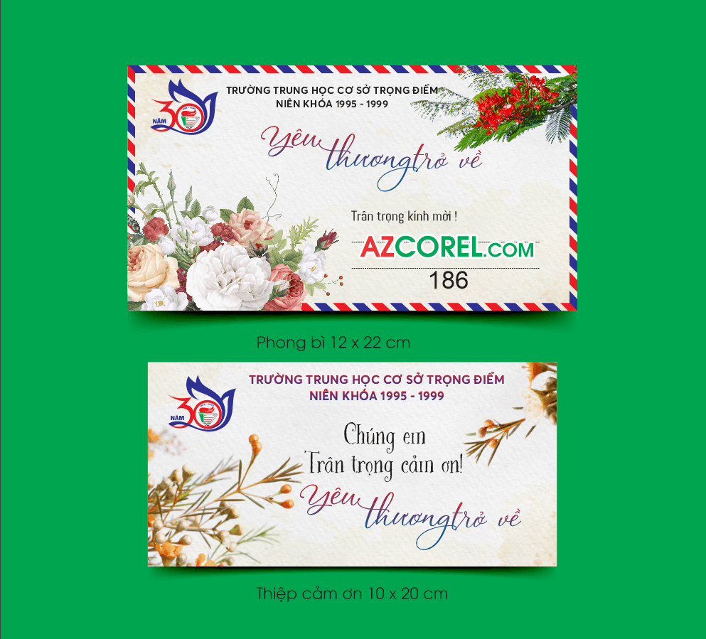 Phong bì và thiệp cảm ơn 30 năm thành lập trường