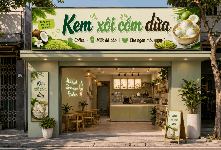 Biển quảng cáo Kem xôi cốm dừa file corel