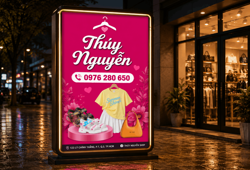 Biển vẫy QC shop Thúy Nguyễn tone màu hồng