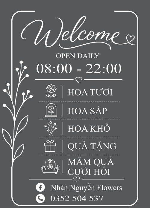 Mẫu decal trong dán kính Welcome Open daily