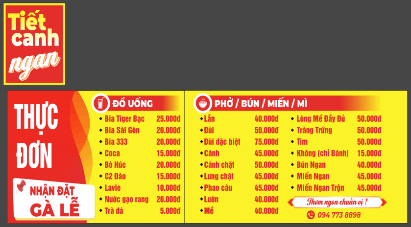 Bảng thực đơn Tiết canh ngan & thức ăn nhanh