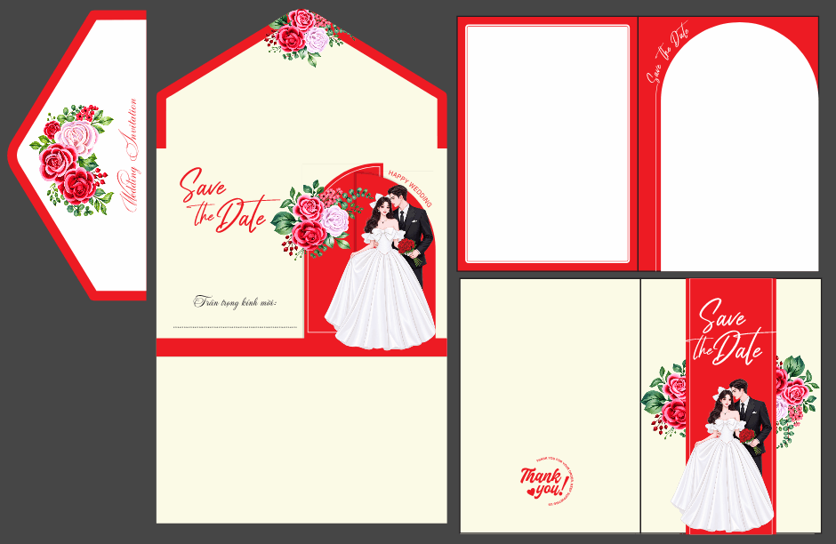Thiệp cưới tone màu đỏ vàng Save The Date file cdr