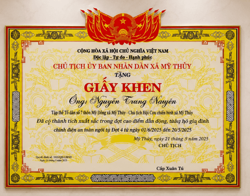 Giấy khen tập thể tổ dân phố 7 thôn Mỹ Đồng
