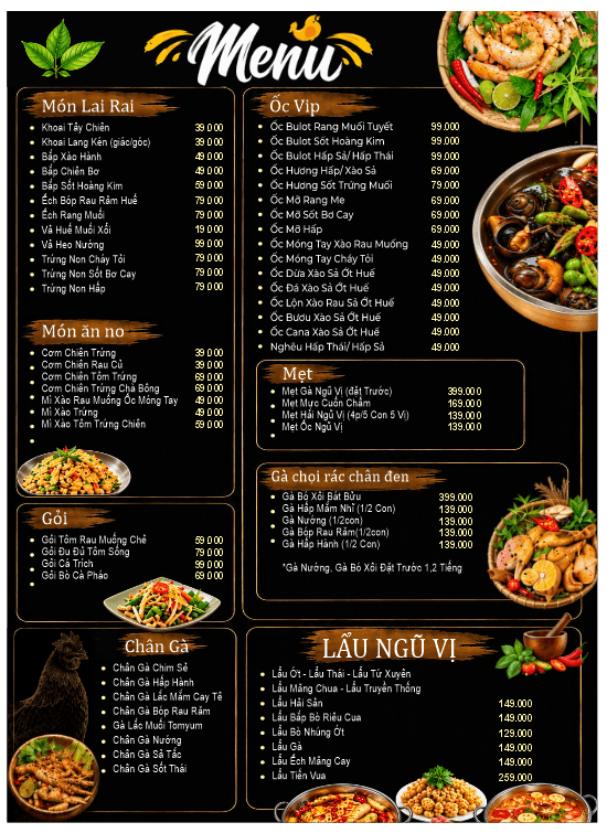 Menu quán nhậu các món như Ốc file corel