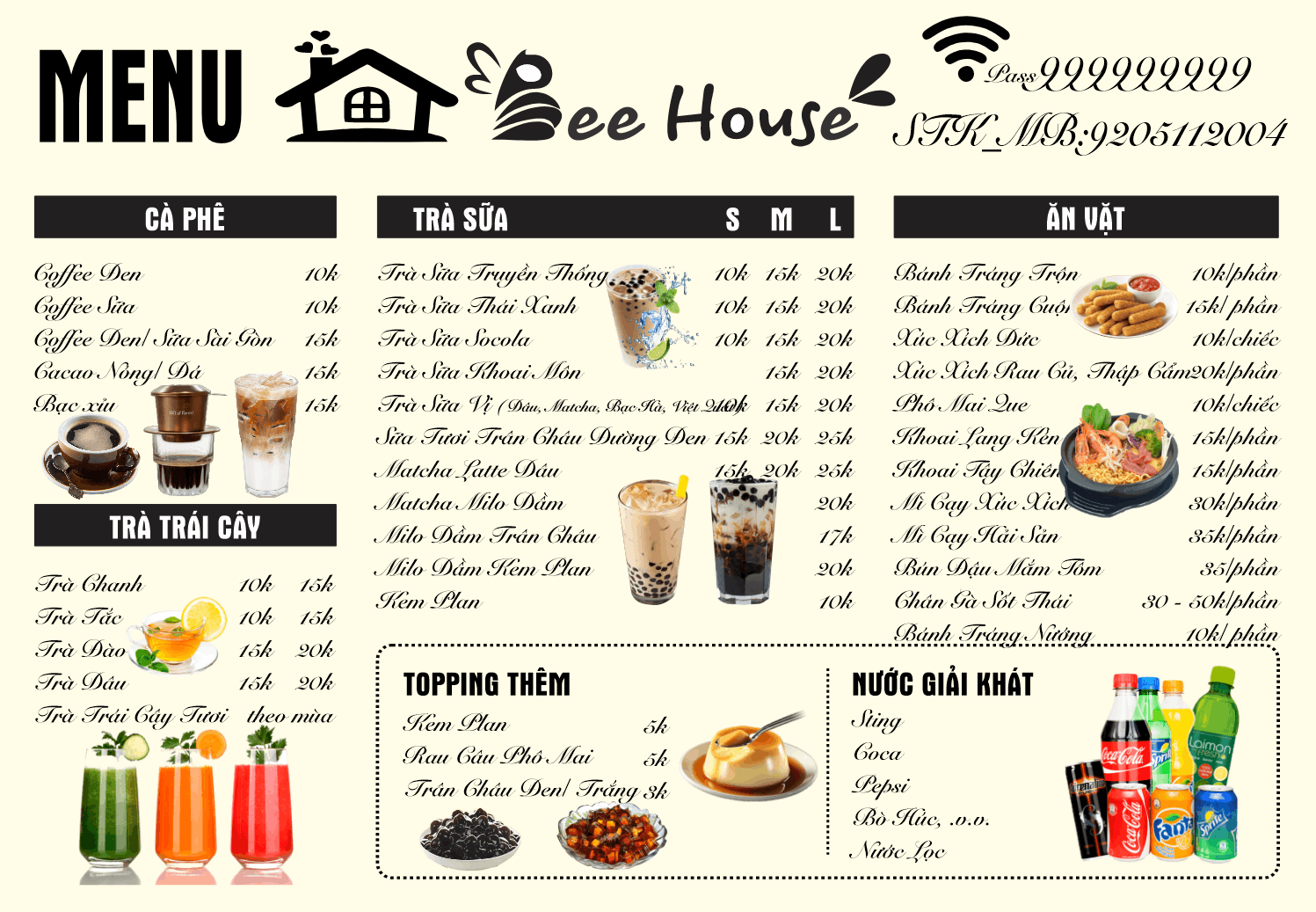 Mẫu thiết kế menu Bee House quán nước Vector