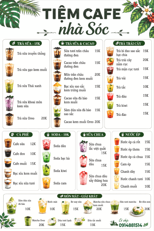 Menu tiệm cafe Nhà Sóc file corel