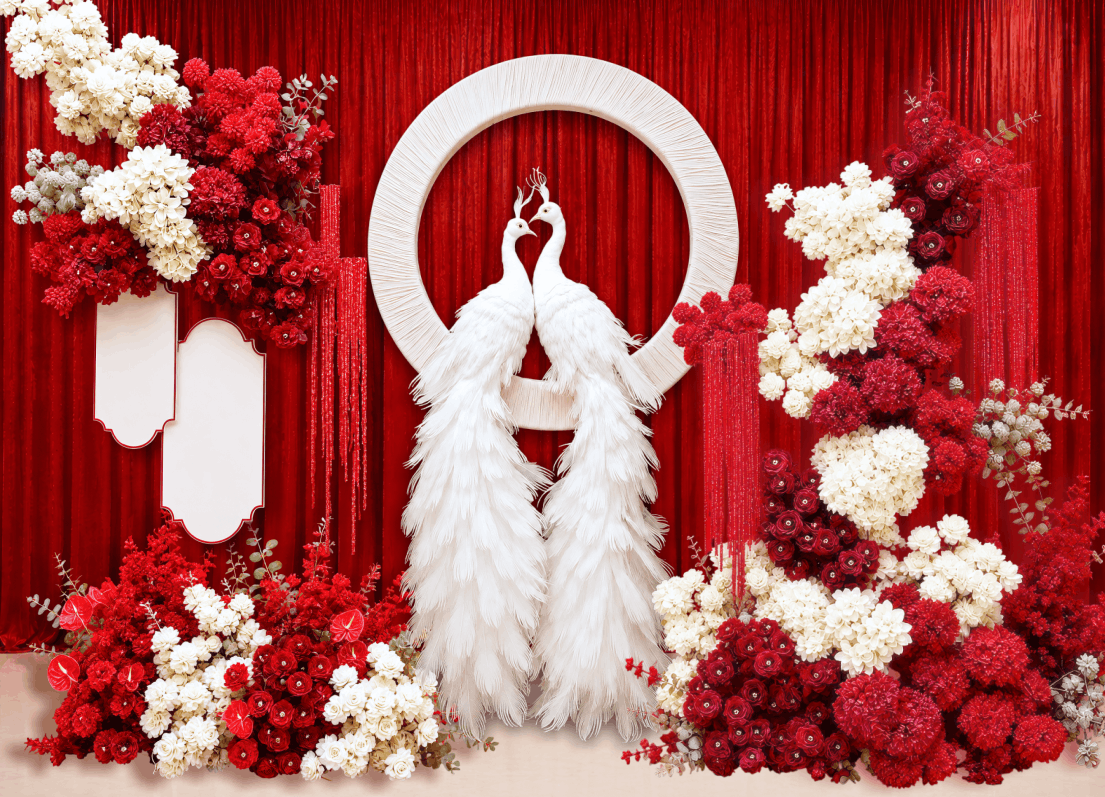 Backdrop đám cưới nền đỏ hoa và phượng