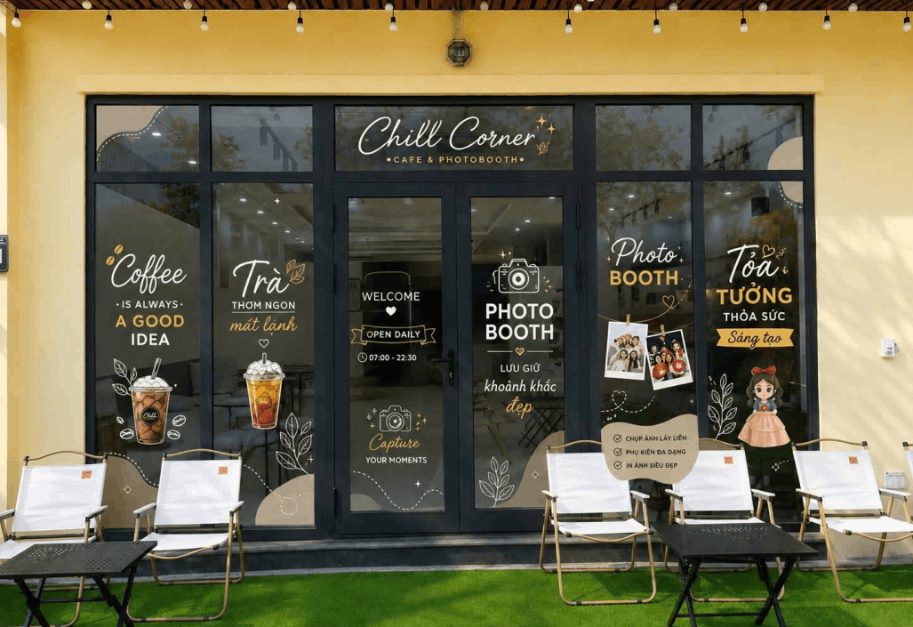 Decal dán kính quán cà phê đồ uống corner coffee