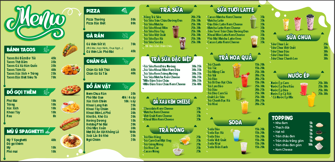 Menu bánh tacos pizza - trà sữa - trà nóng