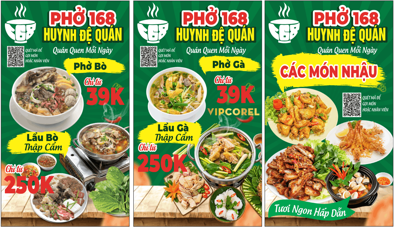 Biển quảng cáo Phở 168 Huynh đệ quán