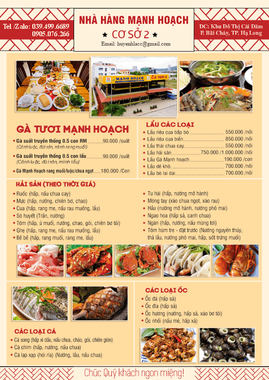 Menu Nhà Hàng gà Mạnh Hoạch file corel