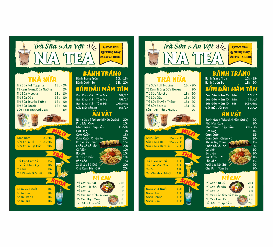 Menu trà sữa & ăn vặt Na Tea file corel x7