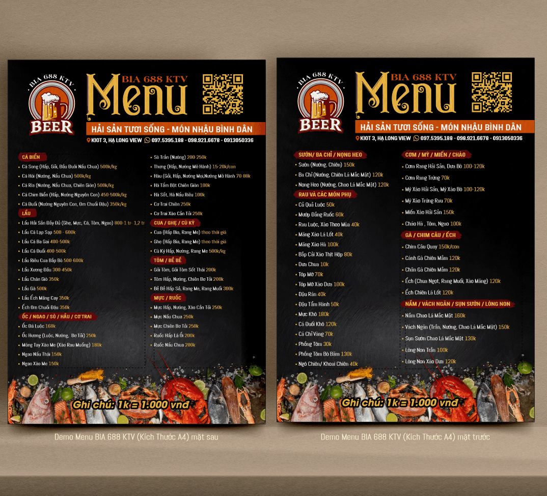 Menu BIA 688 KTV Hải sản tươi sống
