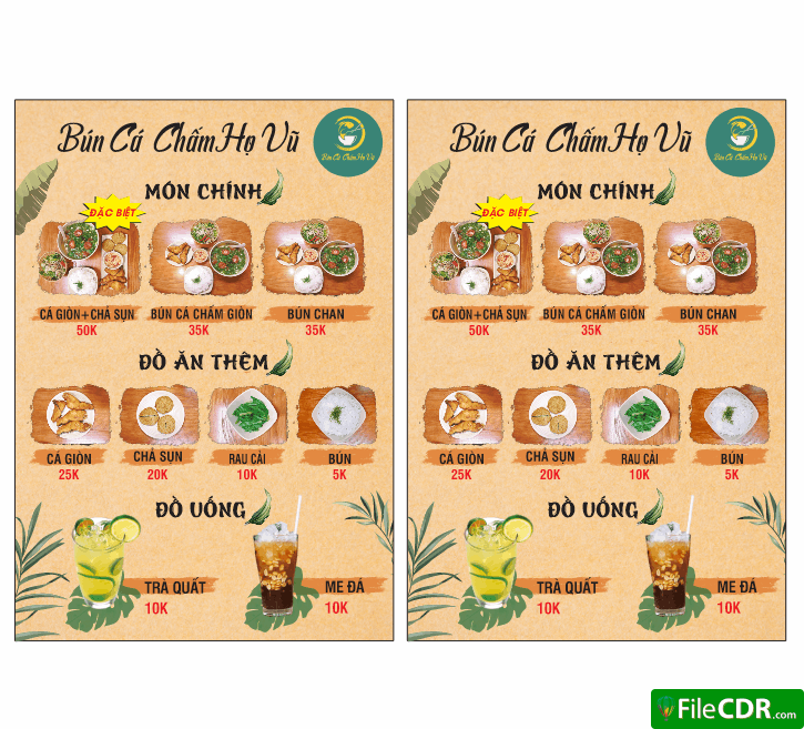 Menu Bún cá chấm Họ Vũ file corel x7