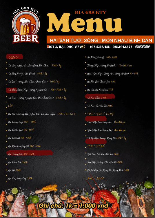 Menu Bia 688 KTV - hải sản tươi sống