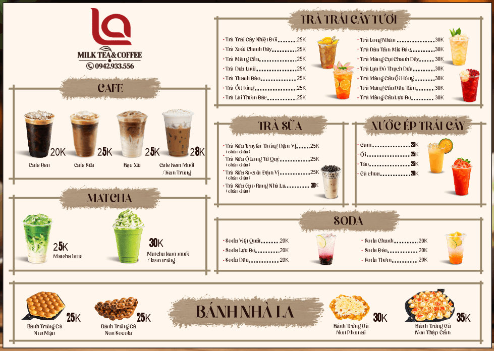 Menu Milk tea & coffee La - bánh nhà La