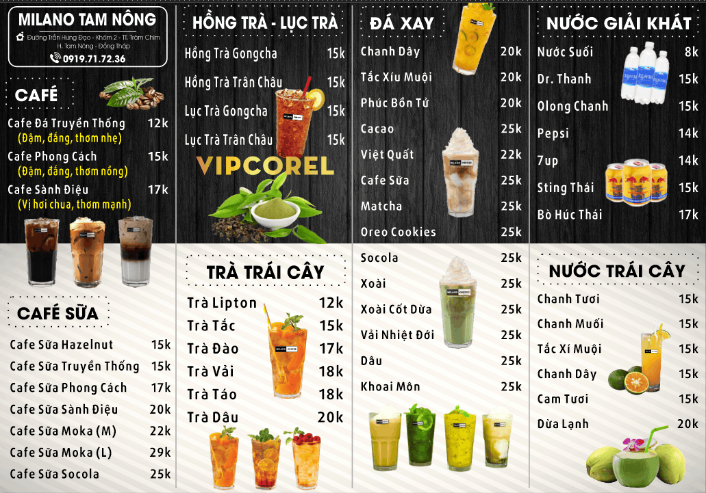 Menu thiết kế cà phê đồ uống giải khát Milano