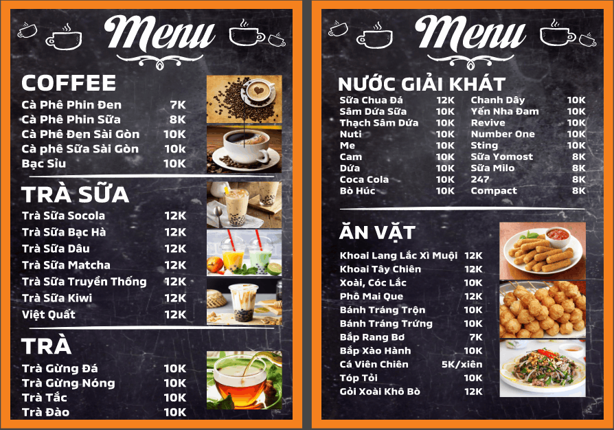 Menu cà phê - nước giải khát - trà sữa - ăn vặt
