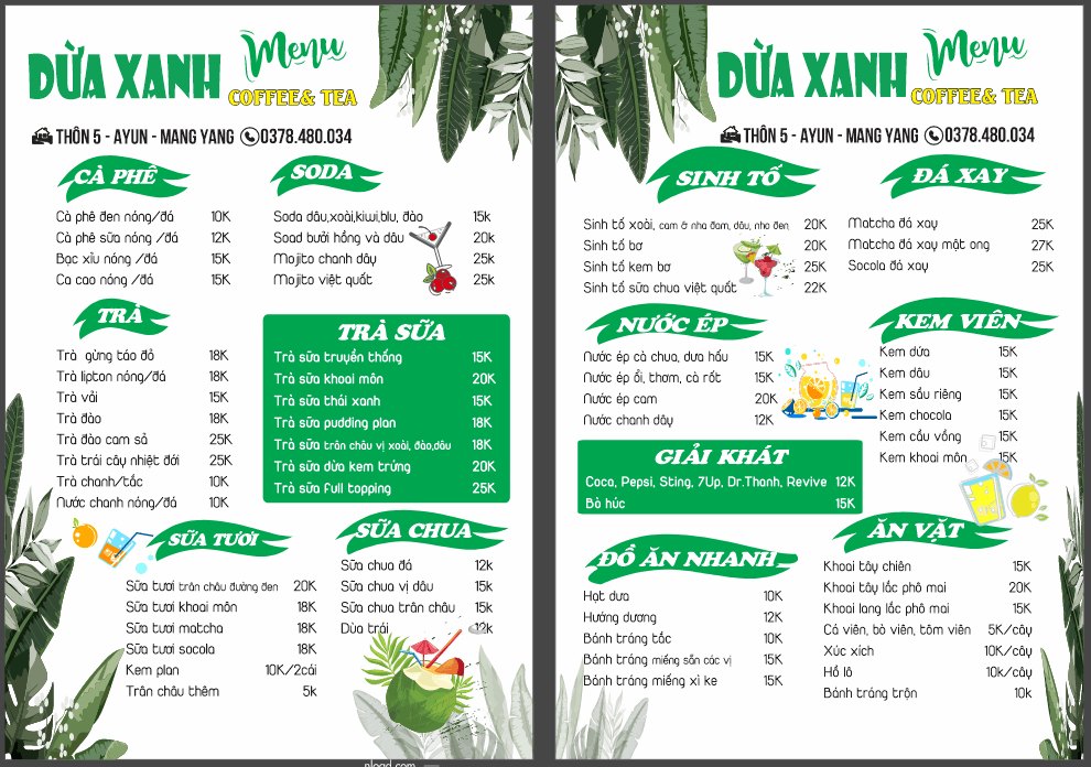 Menu Dừa Xanh Coffee & Tea file corel